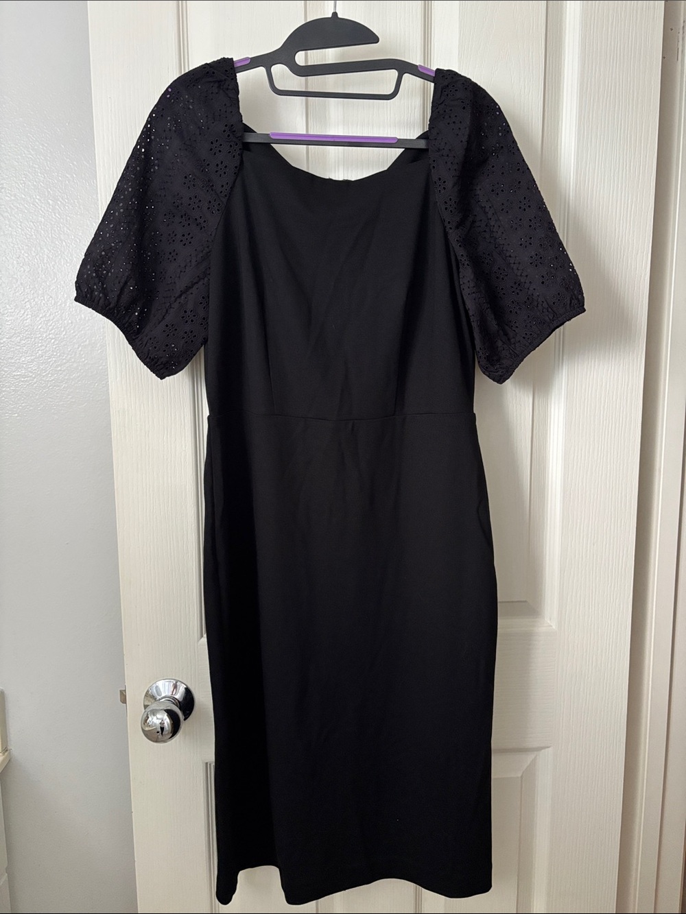 Ann Taylor Factory Black Midi Dress with Eyelet Puff Sleeves